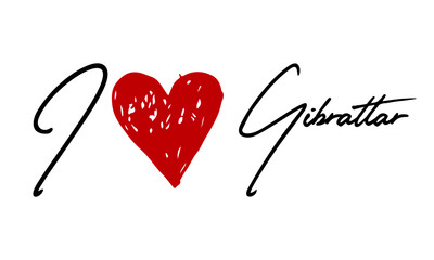 I love Gibraltar Red Heart and Creative Cursive handwritten lettering on white background.