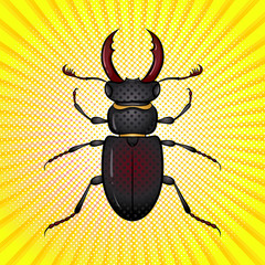 Cartoon colorful beetle deer on a yellow background. Vector bright color pop art illustration. Insect beetle poster in retro style. Illustration for print