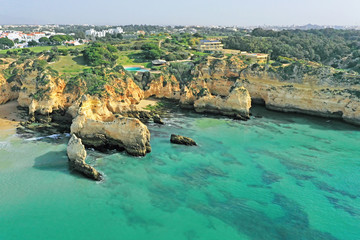 Aerial from Praia Tres Irmaos in Alvor the Algarve Portugal