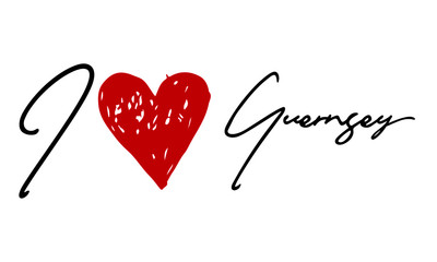 I love Guernsey Red Heart and Creative Cursive handwritten lettering on white background.