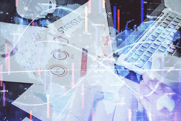 Double exposure of businessman working on laptop on background. International business hologram in front. Concept of success.