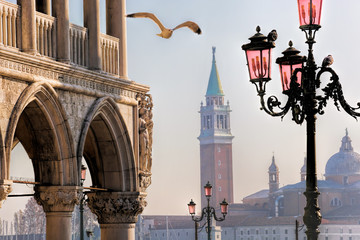 Marco square with Doges palace against St. Giorgio church in Venice, Italy