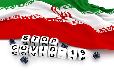 Iran flag and text stop covid-19