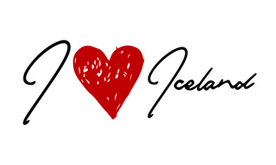 I love  Iceland Red Heart and Creative Cursive handwritten lettering on white background.