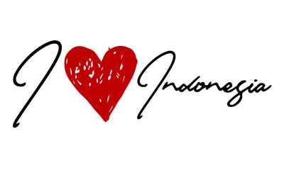 I love  Indonesia Red Heart and Creative Cursive handwritten lettering on white background.