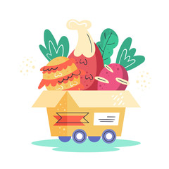 Food delivery. Pineapple, beet, chicken food, salad, box. Post. Coronavirus pandemic self isolation, health care, protection. Flat colourful vector illustration, art isolated on white background.