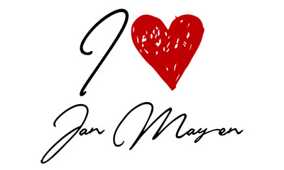 I love Jan Mayen Red Heart and Creative Cursive handwritten lettering on white background.
