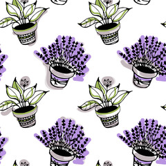Lavender flowers in pot seamless pattern on a white background. Provence style.