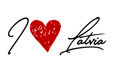 I love Latvia Red Heart and Creative Cursive handwritten lettering on white background