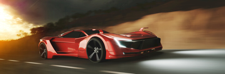 Roter Sportwagen fährt schnell abends auf Straße © Robert Kneschke