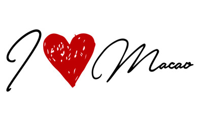 I love Macao Red Heart and Creative Cursive handwritten lettering on white background.