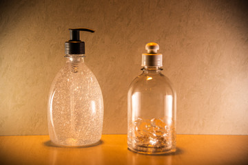 Alcohol gel packs on a light background to combat the Covid-19 pandemic