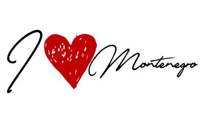 I love Montenegro Red Heart and Creative Cursive handwritten lettering on white background.