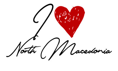 I love North Macedonia Red Heart and Creative Cursive handwritten lettering on white background.