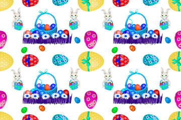 Easter background with cute bunnies, eggs and flowers for wallpaper and fabric design.