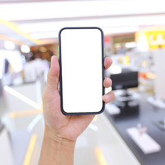 Hand holding smartphone with white Background. Clipping Patch.