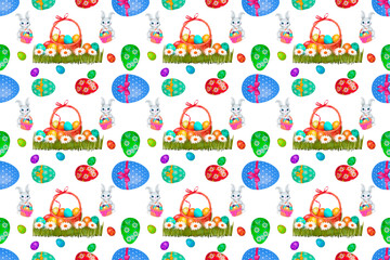Easter background with cute bunnies, eggs and flowers for wallpaper and fabric design.