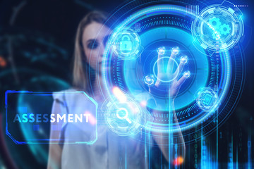 Fototapeta premium Business, Technology, Internet and network concept. Young businessman working on a virtual screen of the future and sees the inscription: Assessment