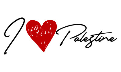I love Palestine Red Heart and Creative Cursive handwritten lettering on white background.