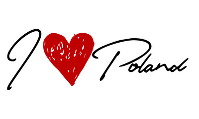 I love Poland Red Heart and Creative Cursive handwritten lettering on white background.