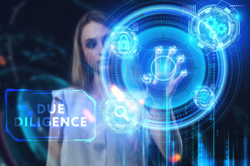 Business, Technology, Internet and network concept. Young businessman working on a virtual screen of the future and sees the inscription: Due diligence