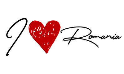 I love Romania Red Heart and Creative Cursive handwritten lettering on white background.