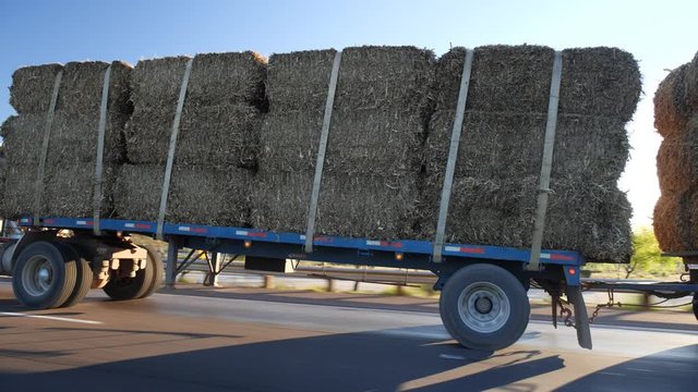A tractor trailer hauling bales of cardboard for recycling