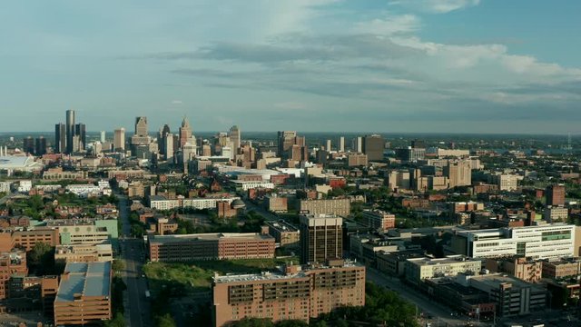 Detroit Downtown Skyline Drone Golden Hour Pan