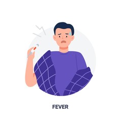 Man with disease symptom - fever. Influenza illness signs. Flat cartoon vector illustration isolated on white background.