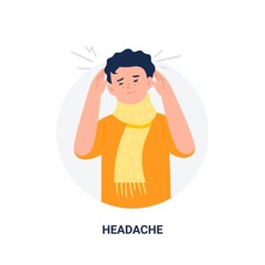 Man with disease symptom - headache. Influenza illness signs. Flat cartoon vector illustration isolated on white background.