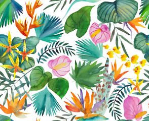 Tropical seamless pattern with tropical flowers, banana leaves.  Round palm leaves, watercolor painted 