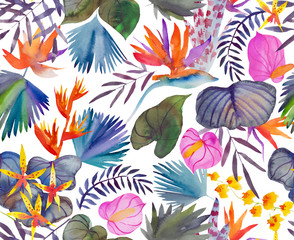 Tropical seamless pattern with tropical flowers, banana leaves.  Round palm leaves, watercolor painted 