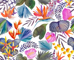Fotobehang Tropische bloemen Tropisch naadloos patroon met tropische bloemen, bananenbladeren. Ronde palmbladeren, aquarel geschilderd