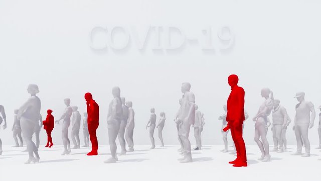 Schematic representation of detection people with virus COVID-19 with a fever among unrecognizable abstract crowd on white background. Coronavirus pandemic theme conceptual 3D animation rendered in 4K