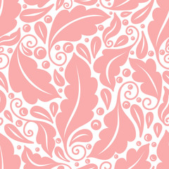 Pink and white leaves seamless pattern. Vintage vector ornament template. Paisley elements. Great for fabric, invitation, background, wallpaper, decoration, packaging or any desired idea.