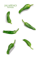 Creative layout made of green jalapeno peppers. Flat lay with copy space. Fresh food concept. Jalapeno peppers isolated on white background.