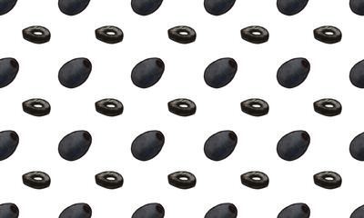 hand drawn watercolor and marker fast-food with Sushi, Pizza pieces seamless pattern with ingridients