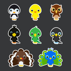 Set of children's birds stickers. Flat vector stock illustration