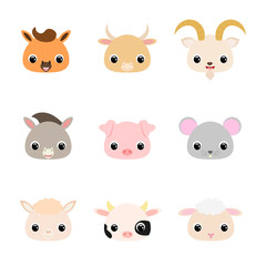Cute domestic animal heads. Flat vector stock illustration