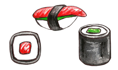 Set of hand drawn watercolor and marker fast-food with Sushi, Pizza pieces on white background.
