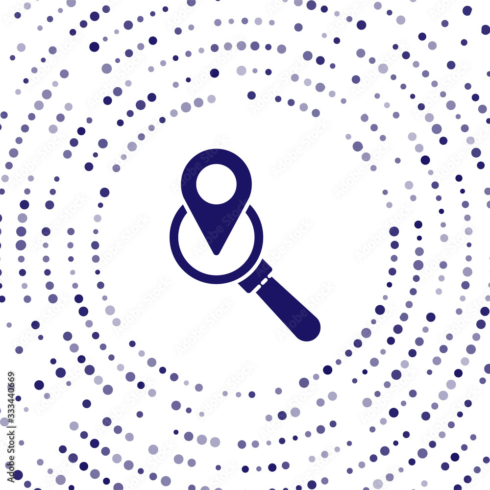 Poster blue search location icon isolated on white background. magnifying glass with pointer sign. abstract