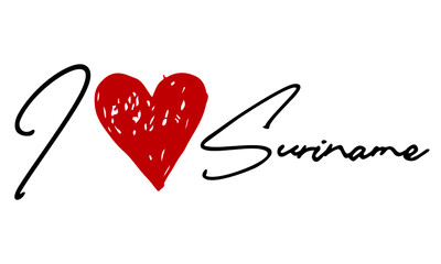 I love Suriname Red Heart and Creative Cursive handwritten lettering on white background.