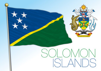Solomon Islands official national flag and coat of arms, oceania, vector illustration