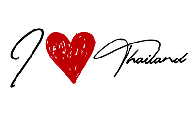 I love Thailand Red Heart and Creative Cursive handwritten lettering on white background.