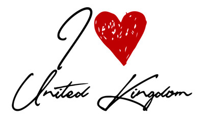 I love United Kingdom Red Heart and Creative Cursive handwritten lettering on white background.