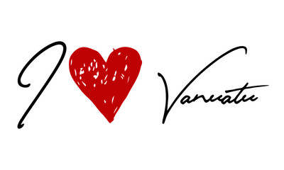 I love Vanuatu Red Heart and Creative Cursive handwritten lettering on white background.