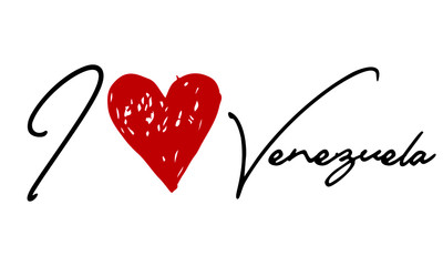 I love Venezuela Red Heart and Creative Cursive handwritten lettering on white background.