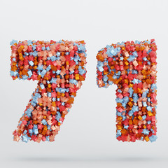 Number 71 3D Text Illustration, Digits With Pink And Sky Colors Stars, 3D Render In 4K Resolution, Isolated On White Background, With Shadow ..