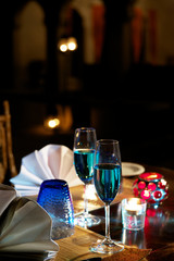 A table set with drinks. 