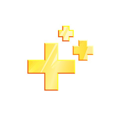 Gold health regeneration symbol crosses on white background. Three Geometric metal shape. Healing sign flat icon for games and apps. Plusses vector element isolated logo. Life renews pictogram